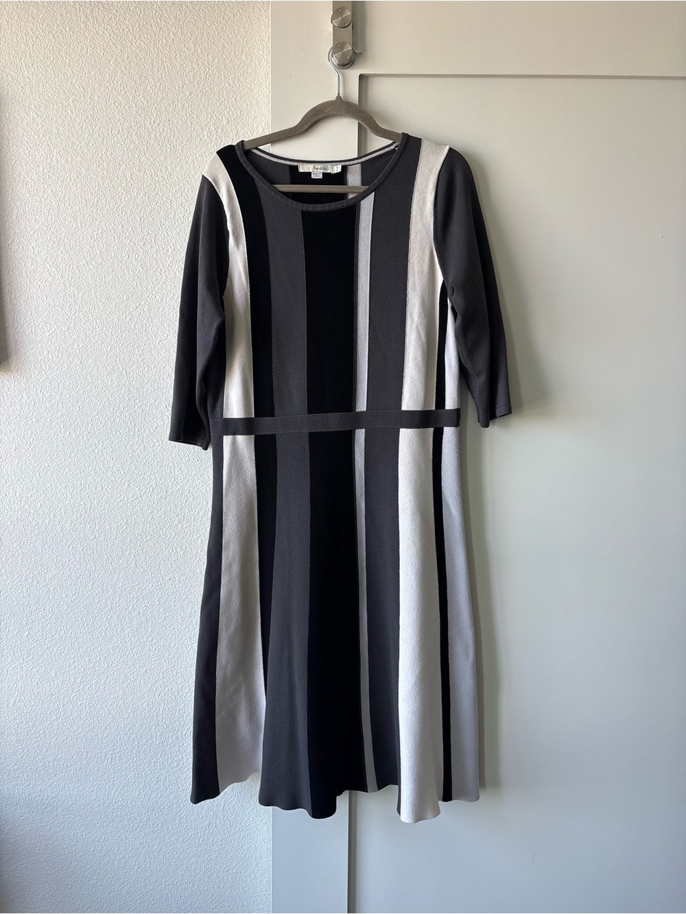 Boden Black, Dark Gray & Light Gray Vertical Stripe Midi Dress